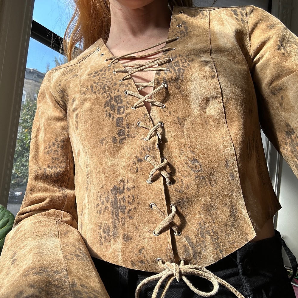 Ezza Michael Hoban Animal Print Leather Lace Up Top